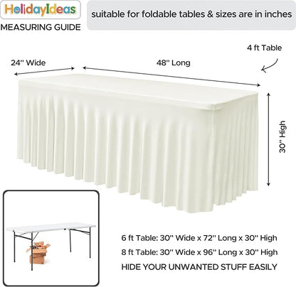 4 Pack Beige Spandex Table Covers 4ft Rectangle Ruffle Skirts for Party | Elastic Table Covers 4 Foot, Pleated Fitted Table Cloths, Wrinkle Resistant Elegant Table Skirts Wedding, Banquets