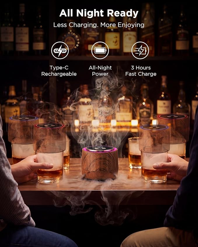 Electric Whiskey Smoker Kit - Rechargeable Cocktail Smoker with 6 Wood Chip Flavors - Smoke Infuser for Old Fashioned & Bourbon Cocktails - No Butane Needed - Father’s Day Gift for Men (Rich Oak)