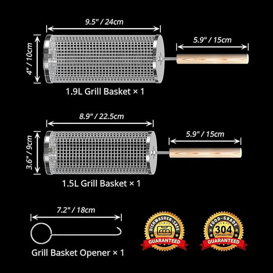 ivtivfu Rolling Grill Basket, Removable Wooden Handle, 304 Stainless Steel, Nesting BBQ Tools, Smoker Grilling Accessories for Vegetable, Outdoor Cooking Camping, Birthday Gifts for Men Dad Husband