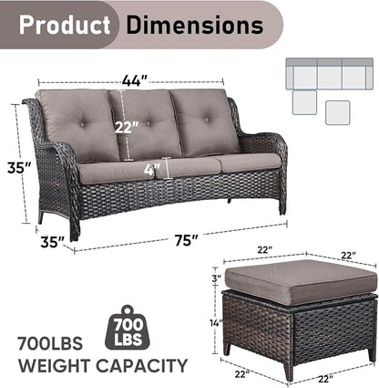 Outdoor Patio Furniture - 3 Seater Outdoor Rattan Wicker Sofa Patio Couch with Ottoman for Porch Deck Garden Backyard - Brown/Grey