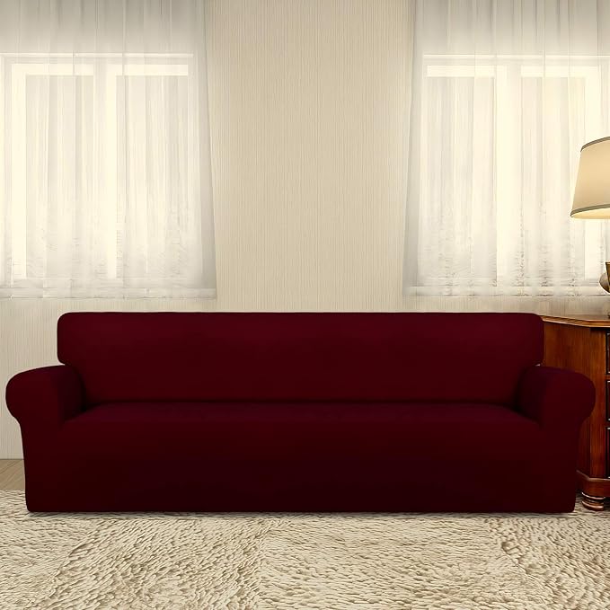 PureFit Stretch Couch Covers for Sofa 4 Seater Slipcovers Wine | 1-Piece Sofa Cover Washable Soft Couch protector, Couch Slipcover with Non Skid Foam and Elastic Bottom for Kids, Dogs