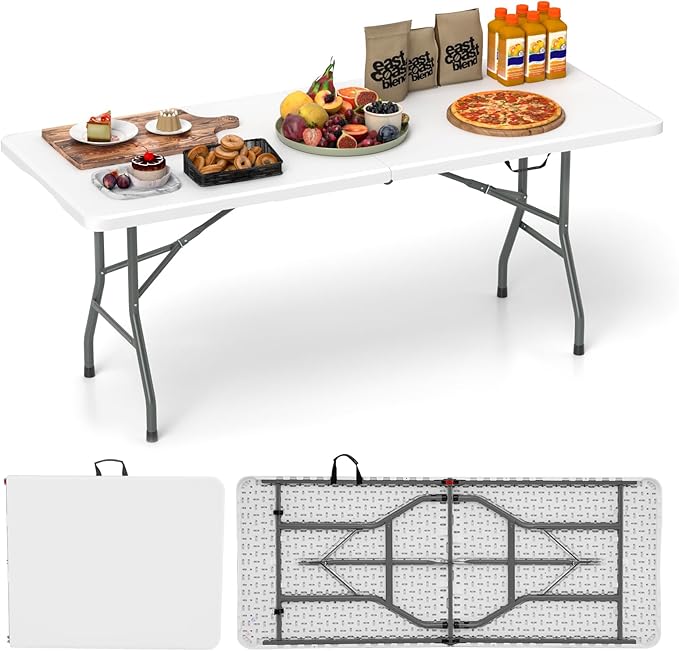 Tangkula 6 FT Folding Table, Indoor Outdoor Foldable Plastic Table with HDPE Tabletop, Sturdy Metal Fame, Carrying Handle, Heavy Duty Portable Fold-in-Half Picnic Table for Camping BBQ Party