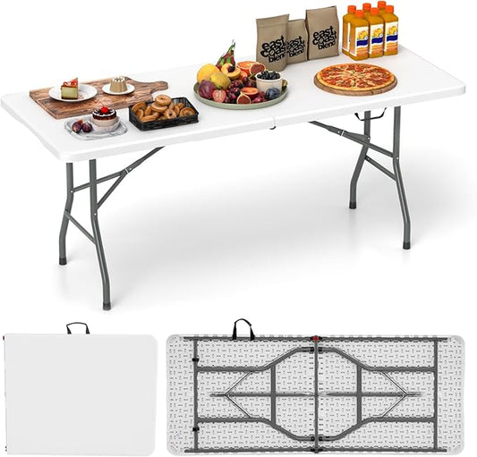 Tangkula 6 FT Folding Table, Indoor Outdoor Foldable Plastic Table with HDPE Tabletop, Sturdy Metal Fame, Carrying Handle, Heavy Duty Portable Fold-in-Half Picnic Table for Camping BBQ Party