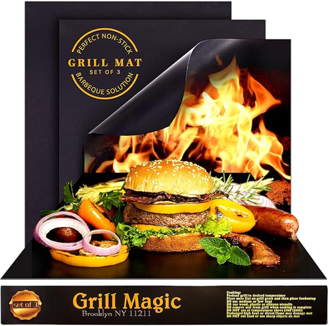 Grill Magic BBQ Grill Mat Set of 3-100% Nonstick Large Grilling Sheets - Heavy Duty Cooking Mats for Outdoor Grill Charcoal, Gas or Electric - Reusable, Extra Thick and Easy to Clean - 15.75 x 13