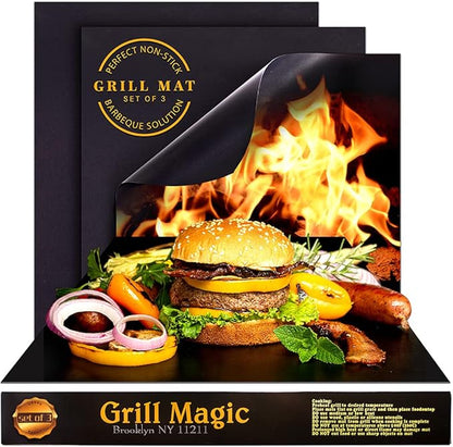 Grill Magic BBQ Grill Mat Set of 3-100% Nonstick Large Grilling Sheets - Heavy Duty Cooking Mats for Outdoor Grill Charcoal, Gas or Electric - Reusable, Extra Thick and Easy to Clean - 15.75 x 13