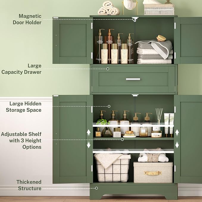 Bathroom Floor Storage Cabinet with Adjustable Shelf, Freestanding Storage Cabinet with 4 Doors, Cupboard for Living Room, Home Office, Entryway, Forest Green