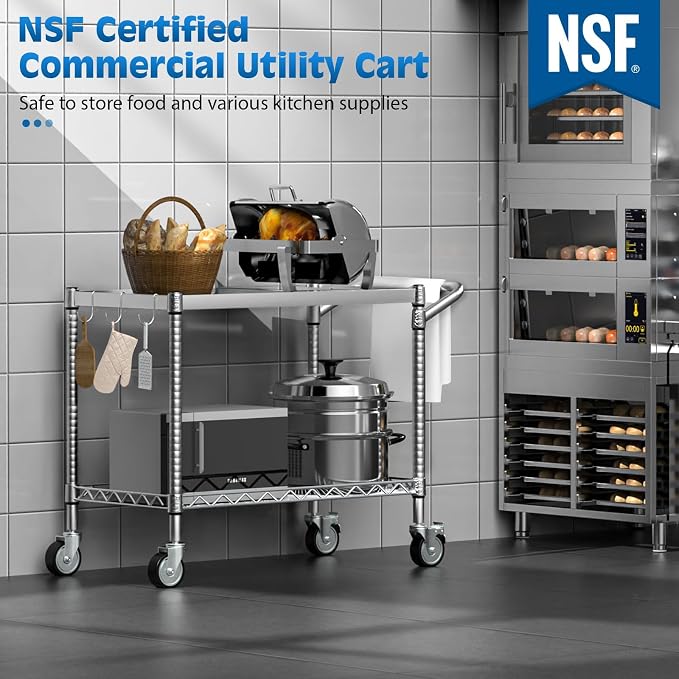 Utility Tool Cart with Wheel, 45In Large Rolling Utility Carts with Handle | 2 Tier Heavy Duty Commercial Grade Metal Serving Storage Carts for Warehouse Garage Kitchen, 25" D x 45" W x 40" H-Silver