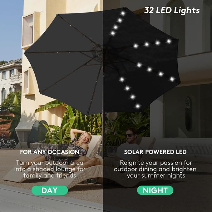 JEAREY 9FT Outdoor Patio Umbrella with Solar Lights, LED Lighted Pool Umbrella with Tilt and Crank, Outdoor Table Umbrellas for Deck, Yard & Market (Grey)
