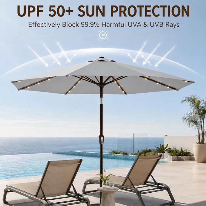10FT Solar Lighted Patio Umbrella, Outdoor Table Market Umbrellas with Push Button Tilt and Crank, 32 LED Lights, 8 Sturdy Ribs, UV-Resistant for Deck, Garden, Pool