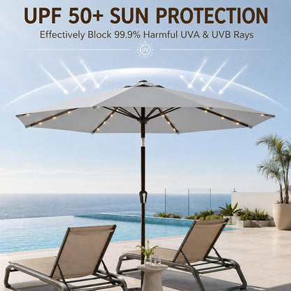 10FT Solar Lighted Patio Umbrella, Outdoor Table Market Umbrellas with Push Button Tilt and Crank, 32 LED Lights, 8 Sturdy Ribs, UV-Resistant for Deck, Garden, Pool