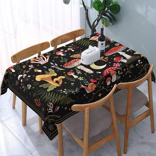 Mushroom Tablecloth Washable Waterproof Moth Gothic Witchy Table Cover for Kitchen Dining Room Picnic Party BBQ Wedding, Rectangle 54x72 Inch Black Table Cloth