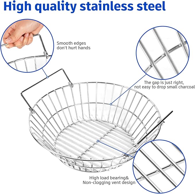 Charcoal Basket for Grill, Stainless Steel Ash Basket for Large Big Green Egg & Kamado Joe, Heavy Duty Firebox Accessories with Folding Handle