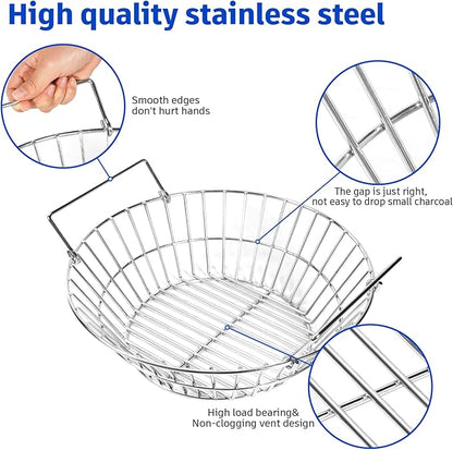 Charcoal Basket for Grill, Stainless Steel Ash Basket for Large Big Green Egg & Kamado Joe, Heavy Duty Firebox Accessories with Folding Handle
