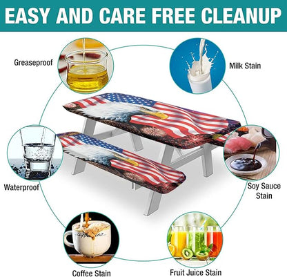 American Flag Picnic Fitted Tablecloth with Benches Covers, 4th of July Elastic Edge Fitted Table Cover, 28x72 Inch, 3 Piece Set, Red Blue, for Indoor/Outdoor Picnic, BBQ and Dining Room Use