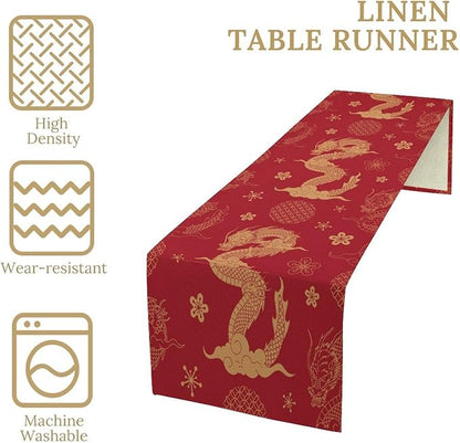 Gold Dragon Table Runner Traditional Oriental Chinese Japanese Flying Animal Red Dinner Runner Table Decoration for Home Kitchen Dining Table Party Decoration 13x36in