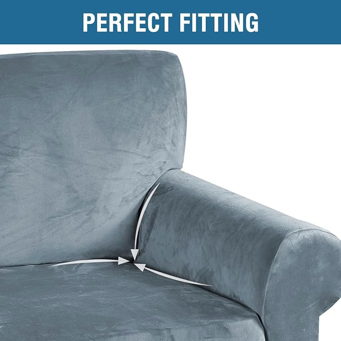 H.VERSAILTEX Stretch Velvet Sofa Covers for 3 Cushion Couch Covers Furniture Protector Soft with Non Slip Elastic Bottom, Crafted from Thick Comfy Rich Velour (Large Sofa 90"-97", Stone Blue)