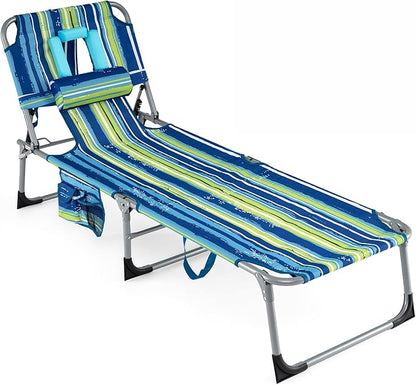 COSTWAY Tanning Chair with Face Hole, Folding Beach Lounge Chair with 4-Position Adjustable Backrest, Pillow & Side Pocket, Foldable Chaise Lounge Chair Outdoor for Sunbathing, Camping (1, Blue+Green)