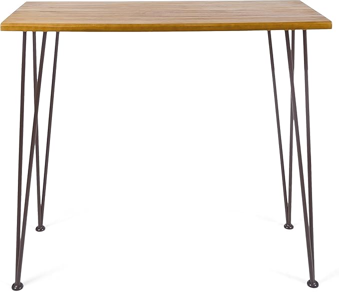 Christopher Knight Home Denali Ouotdoor Industrial Acacia Wood Bar Table with Iron Frame, Teak Finish / Rustic Metal