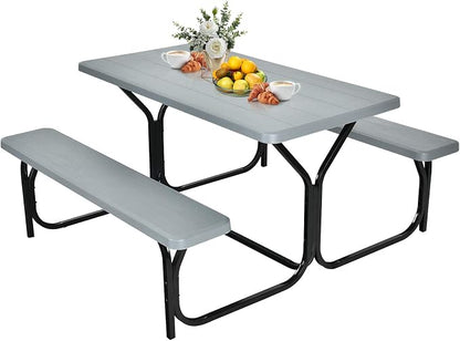 GYMAX Picnic Table, Picnic Bench Easy to Assemble w/All Weather Wood Grain Tabletop & Metal Frame, Picnic Tables for Outdoors Camping Backyard Deck Patio Poolside Dining Party
