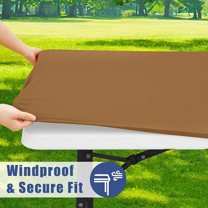 Moosfor 2 Pack Rectangle Spandex Fitted Table Cloth, 8FT Elastic Tablecloth | Washable Picnic Table Cover, Stretch Waterproof Table cloths for Party, Patio, Dining, Kitchen, 30" x 96", Brown