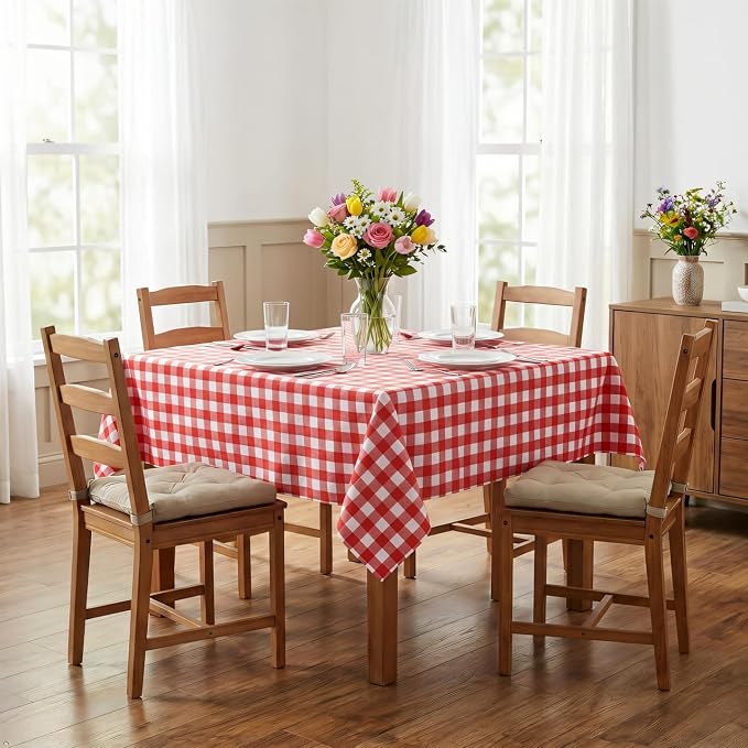sancua Checkered Vinyl Square Tablecloth Table Cloth, 54x54 Inch | 100% Waterproof Oil Proof Spill Proof PVC Table Cloth, Wipe Clean Cover for Dining Tables, Buffet Parties, Red and White