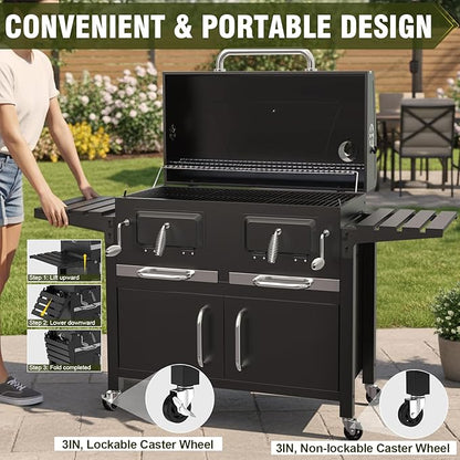 Bestfire Extra Large Charcoal BBQ Grill with Oversized Cooking Space, Dual Charcoal Trays, Enamel Grates & Chrome Warming Rack, Outdoor Barbecue Smoker with 4 Wheels & Side Tables