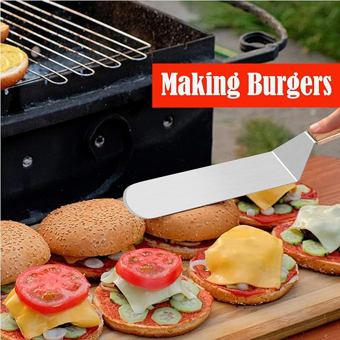 Metal Spatula Set, HaSteeL Stainless Steel Griddle Spatula Tools Kit with Wooden Handle, Heavy Duty Long Pancake Flipper Burger Turner for BBQ Teppanyaki Flat Top Grilling Cooking Outdoor & Indoor
