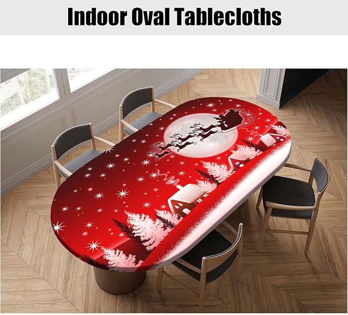 Merry Christmas Fitted Oval Tablecloths, Happy New Year Moon Santa Deer Wrinkle Resistant Table Covers, Fits 54x76 In, Elastic Edged for Xmas Outdoor Party and Dinner Use