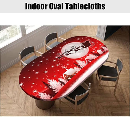 Merry Christmas Fitted Tablecloths Oval, Happy New Year Winter Moon Santa Deer Wrinkle Resistant Table Cloths, Fits 52x70 In, Elastic Edged for Xmas Outdoor Party and Dinner Use