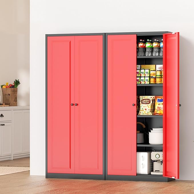 INTERGRAET Kitchen Pantry Cabinet, 63" Tall Metal Pantry Storage Cabinets with 2 Doors and 4 Shelves, Metal Storage Cabinet,Cupboard for Home,Kitchen,Living Room/Dining, Black Red