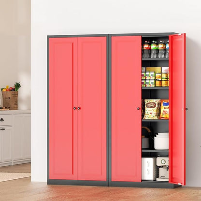 INTERGRAET Kitchen Pantry Cabinet, 63" Tall Metal Pantry Storage Cabinets with 2 Doors and 4 Shelves, Metal Storage Cabinet,Cupboard for Home,Kitchen,Living Room/Dining, Black Red