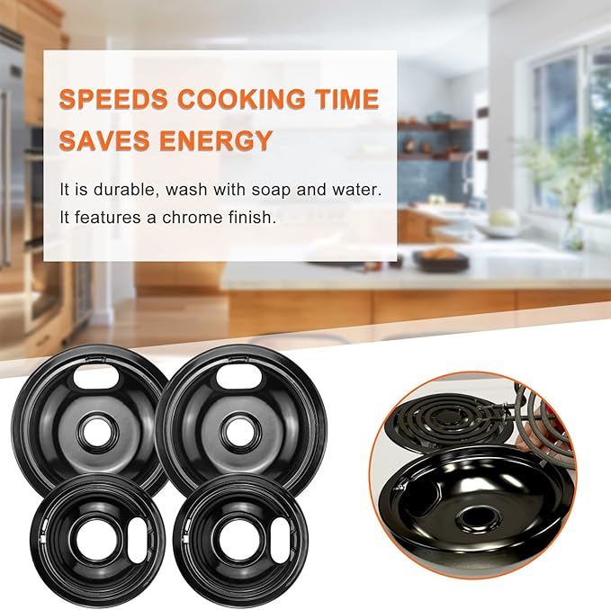 Stove Burner Covers W10288051 Burner Drip Pans -2 Packs 6” W10290353 Black Porcelain Burner Pans and 8" W10290350 Stove Top Covers for Electric Stove by Sikawai