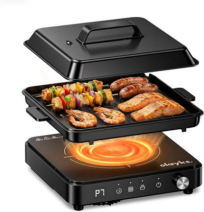 olayks Induction Cooktop, Portable Induction Cooktop with Removable Cast Iron Pot and Pan, 1500W Hot Plate Single Burner with 8 Power Levels, Adjustable Temp Control, 99 Min Timer