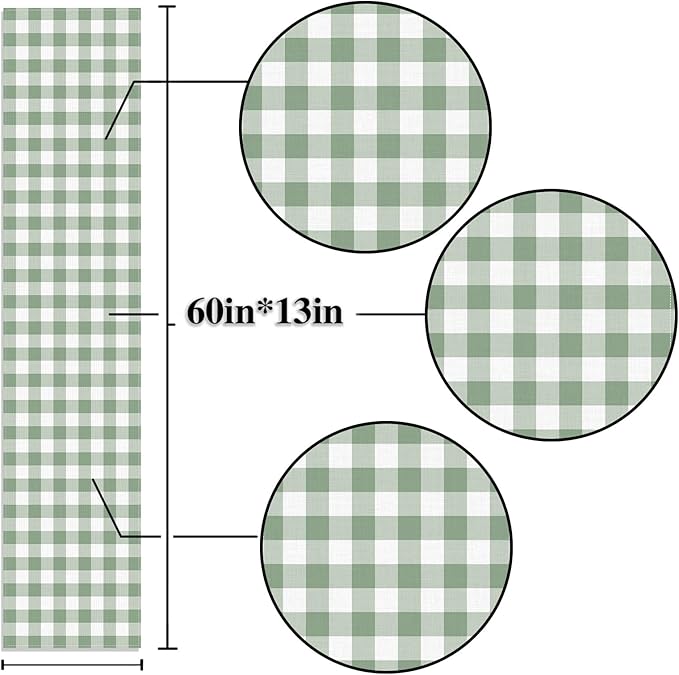 Sage Green Gingham Party Table Runner Green and White Checkered Plaid Decorations for Birthday Bridal Baby Shower Home Dining Kitchen Island Decor (13" x 60")