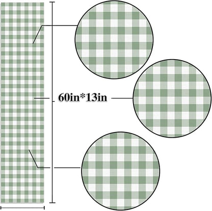 Sage Green Gingham Party Table Runner Green and White Checkered Plaid Decorations for Birthday Bridal Baby Shower Home Dining Kitchen Island Decor (13" x 60")