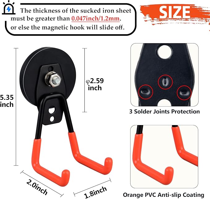 ULIBERMAGNET Heavy Duty Magnetic Garage Hooks,6 Pack Strong Large Magnet Hooks for Power Drill,Garden Tools,Hose,Pegboard,Garage, Workshop,Magnetic Storage Hook for Indoor Outdoor Hanging(Orange)