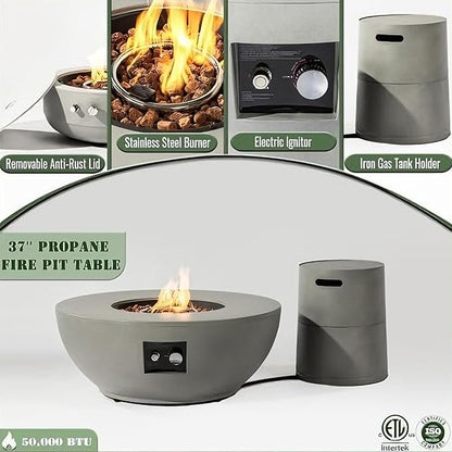 37" Propane Gas Fire Pit Table - 50,000 BTU Smokeless Burner, Pulse Ignition & Two-Level Adjustment, Grey Round Steel Fire Pit with Tank Holder, All-Weather Concrete Finish