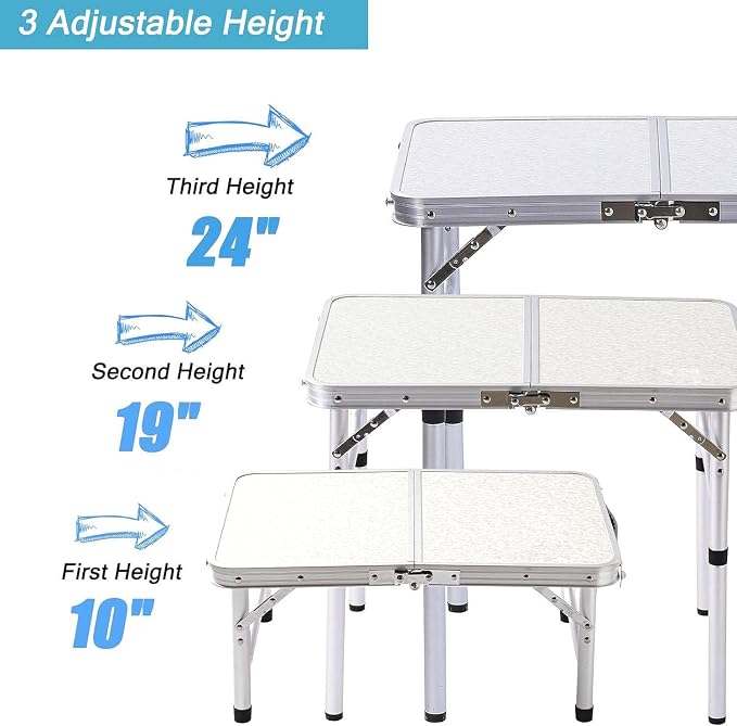 YUFIFAIRY Small Folding Table Portable, 24" L x16 W Foldable Camp Table | Lightweight Aluminum Folding Camping Table for Indoor Outdoor Cooking Picnic, 3 Adjustable Height 10"/19"/24"