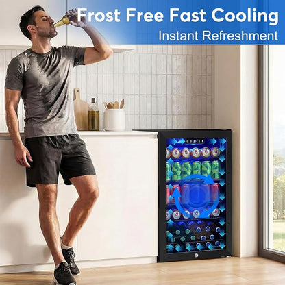 FoMup Beverage Refrigerator 150 Can with Glass Door – Mini Drink Cooler with Reversible Door, Safety Lock & Temperature Control, Small Fridge for Beer Soda Wine, Compact for Dorm Office Hotel