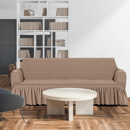 Fanfanwin 3 Pcs Sofa Slipcover Set for Couch Cushion Durable Washable High Elastic Stretchable Furniture Couch Covers with Skirt for Sofa Loveseat Arm Chair(Khaki,Seersucker)