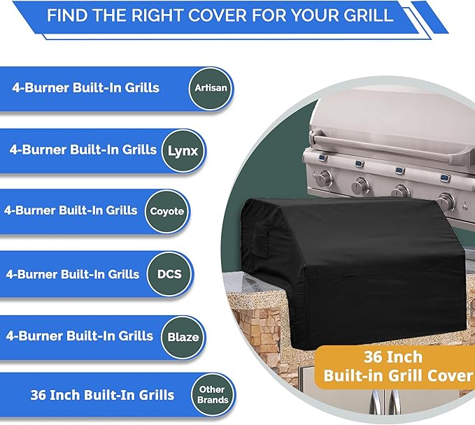 Covers & All Built-in Grill Cover for Outdoor Grill – Heavy Duty 12 oz Waterproof Built-in BBQ Grill Cover, PVC-Coated Polyester with Elastic Hem for Snug Fit (36 x 26 x 24 inches, Black)