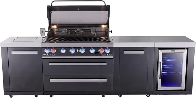 Mont Alpi 119"W x 23"D x 46"H Black Stainless Steel Outdoor Kitchen Island with Refrigerator + 44"W 6-Burner BBQ Grill + Granite Countertops + Storage Cabinets + Chopping Board + Rotisserie + Cover