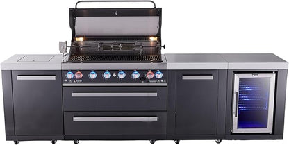 Mont Alpi 119"W x 23"D x 46"H Black Stainless Steel Outdoor Kitchen Island with Refrigerator + 44"W 6-Burner BBQ Grill + Granite Countertops + Storage Cabinets + Chopping Board + Rotisserie + Cover