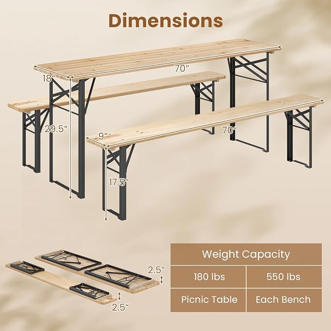 GIANTEX 70 Inch Folding Picnic Tables with Benches Set, Solid Wood Camping Beer Table Bench Set with Metal Frame, 3-Piece Portable Patio Dining Furniture, Indoor & Outdoor Folding Table and Chairs