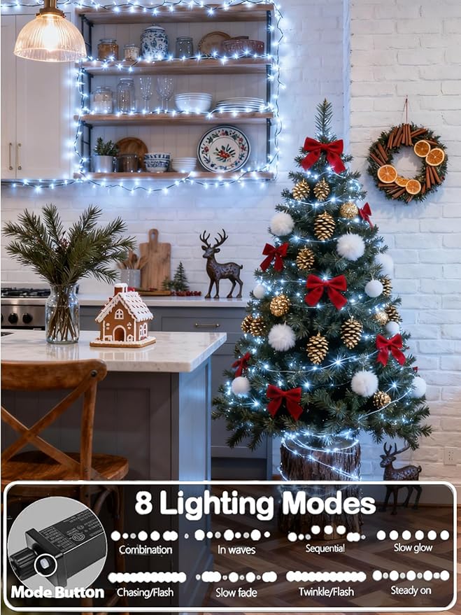 Extendable Christmas String Lights Indoor Outdoor 42.8FT 100 LED Cool White | Green Wire Ultra-bright,8 Modes, Timer and Memory Function, Safe Low-voltage Mini Lights for Xmas Tree Birthday Party Decor