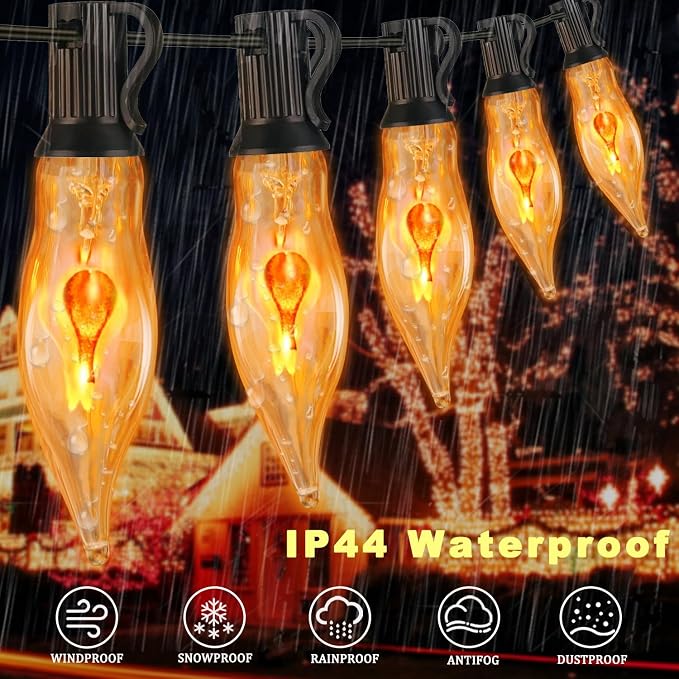 Halloween Lights 27.8 FT Flickering Flame String Lights with 25 Flame Light Bulbs Twinkle C18 E12 Base Indoor Outdoor Fireplace Tree for Halloween Decorations-Black Wire
