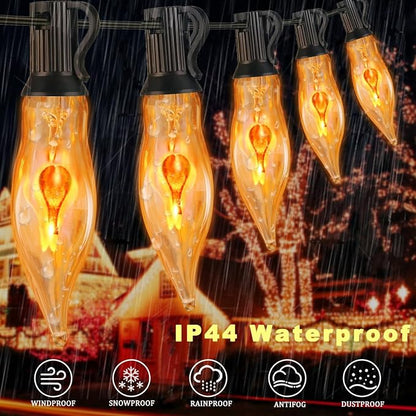 Halloween Lights 27.8 FT Flickering Flame String Lights with 25 Flame Light Bulbs Twinkle C18 E12 Base Indoor Outdoor Fireplace Tree for Halloween Decorations-Black Wire