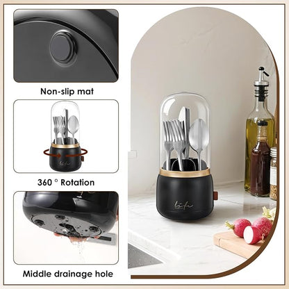 EXIN DECHEN Silverware Organizer with Lid,Cutlery Holder,Black with Gold | Waterproof and Dustproof,360°Rotating,Store Knives Forks Spoons Chopsticks for Kitchen Counter,Table,Party,Outdoor Camping,Rv