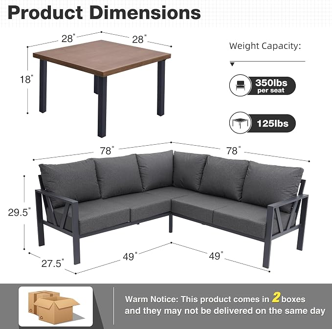 Outdoor Furniture Set, 6 Pieces Outdoor Patio Couch Sectional, L Shaped Metal Outdoor Patio Corner Sofa with 6” Thick Cushions, Outdoor Seating Conversation Set, Dark Grey