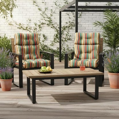 Outdoor Tufted High-Back Chair Cushions, One-Piece Hinged Seat and Back Design, Reversible with 4 Ties, Durable Polyester Fabric, Recycled Fiber Fill - Set of 2, Sunset Stripe - Updated